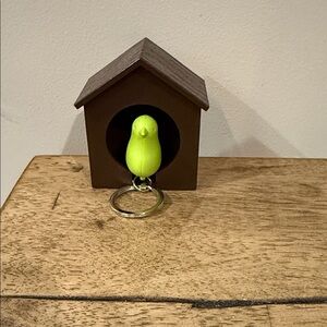 Green Bird Key Chain with Whistle & Brown Bird House Holder